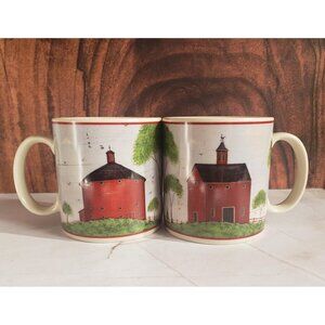 Vintage Warren Kimble "BARNS" Coffee Mugs 1998 Set of Two Farm Folk Art